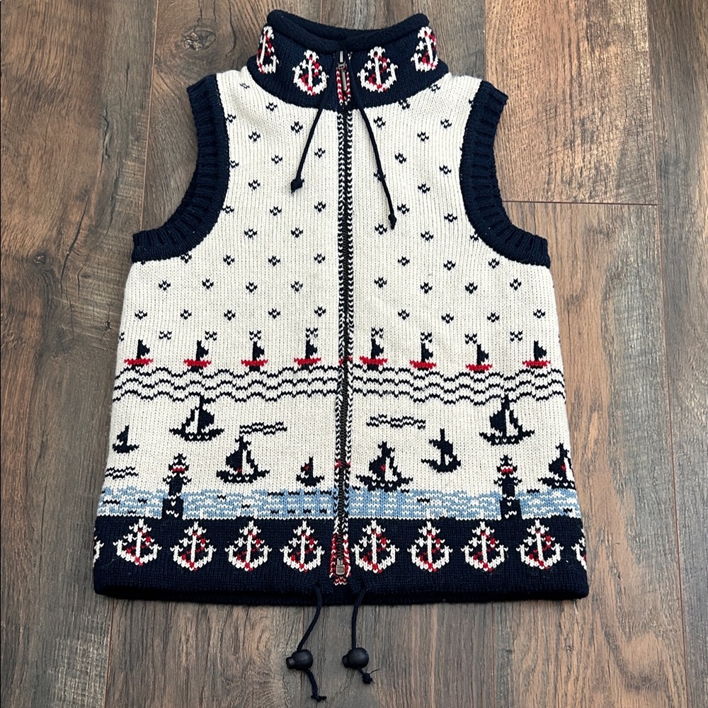 Nautical Knit 100%wool Vest with Sailboat pattern sz 130